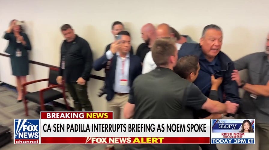California Sen. Alex Padilla detained after storming Noem news conference