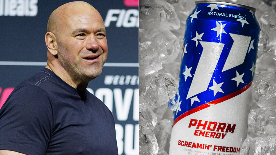 Dana White in a dark shirt and Phorm Energy can surrounded by ice split image