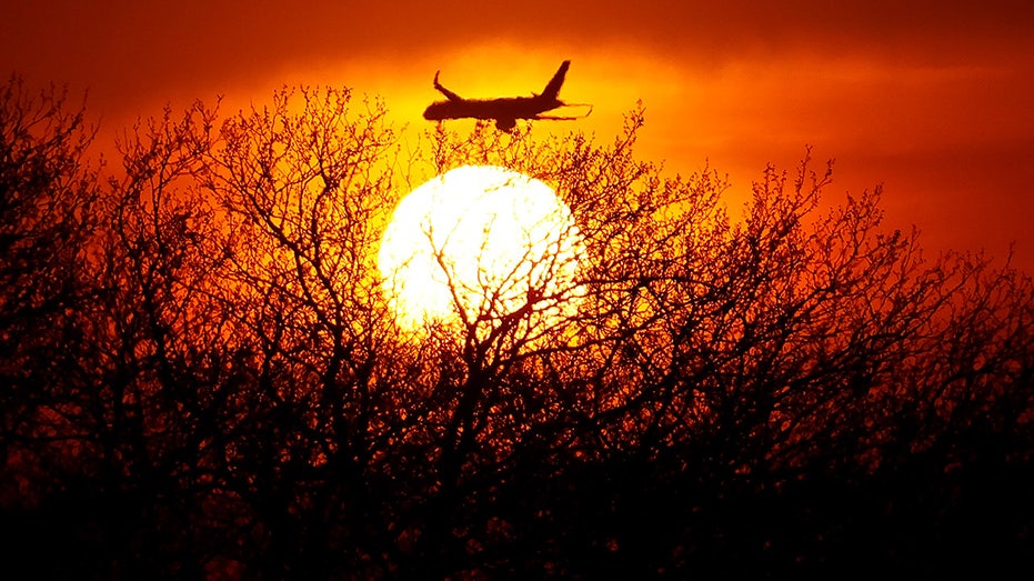 Plane against Newark skyline