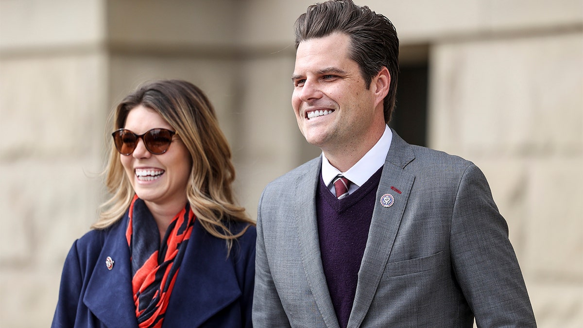 CHEYENNE, WY - JANUARY 28: Rep. Matt Gaetz (R-FL) walks with his fiancee Ginger Luckey before speaking to a crowd during a rally against Rep. Liz Cheney (R-WY) on January 28, 2021 in Cheyenne, Wyoming. Gaetz added his voice to a growing effort to vote Cheney out of office after she voted in favor of impeaching Donald Trump. (Photo by Michael Ciaglo/Getty Images)
