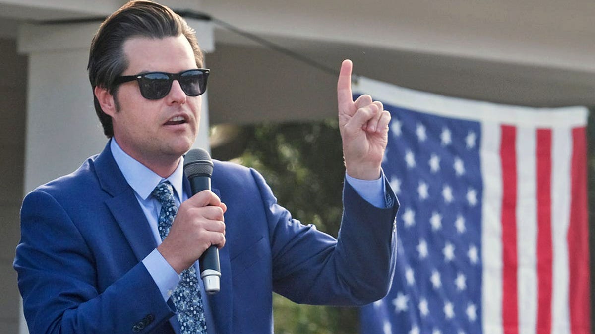 Congressman Matt Gaetz speaks during an outdoor town hall style meeting at the Niceville-Valparaiso Chamber of Commerce Building in Niceville. Gaetz Town Hall