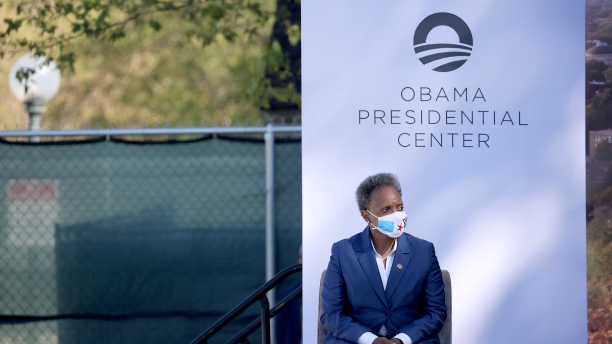 Chicago mayor Lori Lightfoot listens as former U.S. President Barack Obama speaks during a ceremonial groundbreaking at the Obama Presidential Center in Jackson Park on September 28, 2021 in Chicago, Illinois. 
